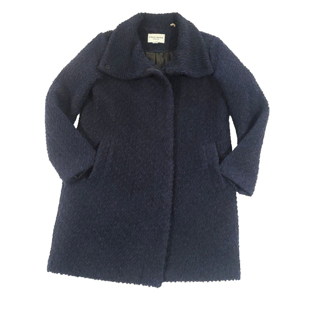 Cole Haan Boucle Wool Cocoon Coat 6 Navy Blue/black long career dress coat